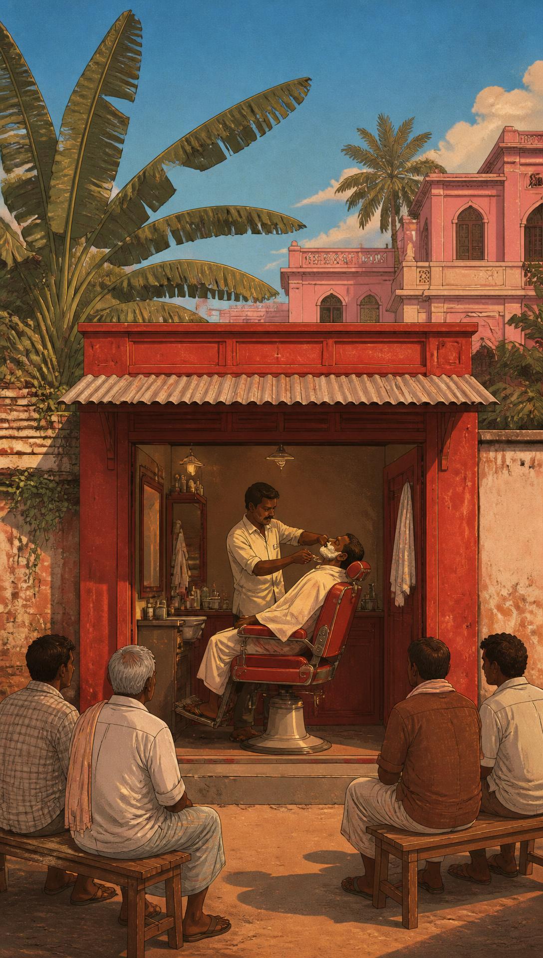 Illustration of a red street-side barbershop in India